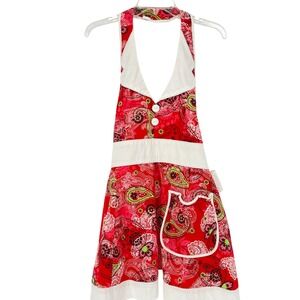 Red Paisley Halter Dress-style Apron Retro Boho Kitchencore Pockets Womens